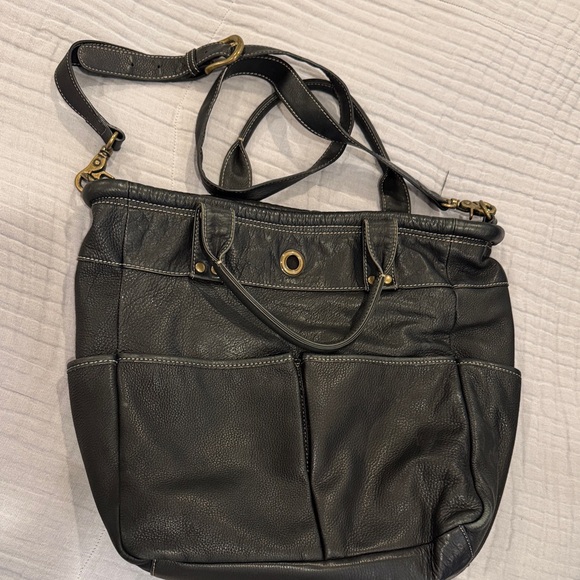 Levenger Black Leather Tote with brass hardware - Picture 3 of 10
